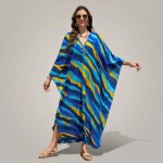 Картинка Туника женская пляжная из вискозы Диагональная полоска Сине-желтая One Size 146-123-1 Фото Туника женская пляжная из вискозы Диагональная полоска Сине-желтая One Size 146-123-1