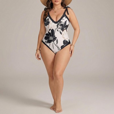Купальник слитный принт цветы черно-белый Plus Size 435-01-K