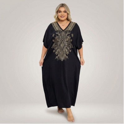 Купить Туника женская пляжная из вискозы с вышивкой Черная One Size 146-122 — реальное фото