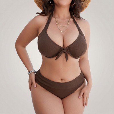 Купить Купальник раздельный Plus Size шоколадный с лифом на завязке 434-09 — реальное фото