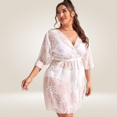 Туніка жіноча пляжна з вишитої сітки Листя Молочна One Size 146-204