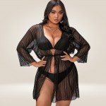 Купить Халат пляжный из полосатой сетки Чёрный One Size 146-201 — реальное фото