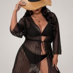 Купить Халат пляжный из полосатой сетки Чёрный One Size 146-201 — реальное фото