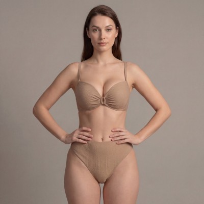 Купальник раздельный бежевый фактурный с чашкой и высокой посадкой код 702-07