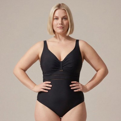 Женский слитный купальник Plus Size чёрный с вырезом на спине 702-05