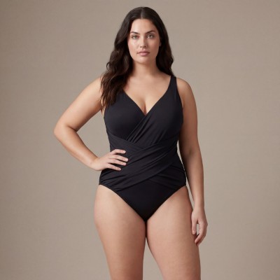 Купить Слитный купальник Plus Size чёрный с запахом и вырезом на спине 703-01 — реальное фото