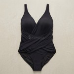 Купить Слитный купальник Plus Size чёрный с запахом и вырезом на спине 703-01 — реальное фото