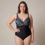 Купить Женский слитный купальник Plus Size чёрный с бирюзовым тропическим принтом  702-02-1 — реальное фото