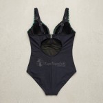 Купить Женский слитный купальник Plus Size чёрный с бирюзовым тропическим принтом  702-02-1 — реальное фото