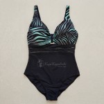 Купить Женский слитный купальник Plus Size чёрный с бирюзовым тропическим принтом  702-02-1 — реальное фото