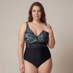 Купить Женский слитный купальник Plus Size чёрный с бирюзовым тропическим принтом  702-02-1 — реальное фото