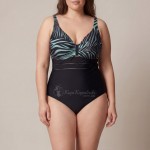 Купить Женский слитный купальник Plus Size чёрный с бирюзовым тропическим принтом  702-02-1 — реальное фото