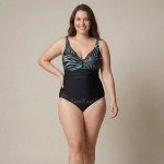 Купить Женский слитный купальник Plus Size чёрный с бирюзовым тропическим принтом  702-02-1 — реальное фото