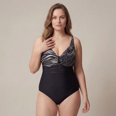 Купить Женский слитный купальник Plus Size чёрный с абстрактным принтом и вырезом на спине 702-02-2 — реальное фото