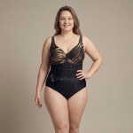 Купить Женский слитный купальник Plus Size чёрный с тёплым зебра-принтом 702-02-3 — реальное фото