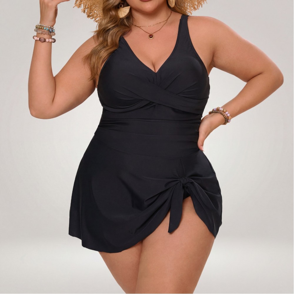 Женский слитный купальник-платье Plus Size чёрный с запахом и юбкой 174-32 — вид вблизи Купить Женский слитный купальник-платье Plus Size чёрный с запахом и юбкой 174-32 — реальное фото