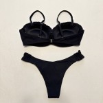 Купить Женский раздельный купальник чёрный в рубчик с двойным пуш-ап 702-03 — реальное фото