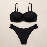 Купить Женский раздельный купальник чёрный в рубчик с двойным пуш-ап 702-03 — реальное фото