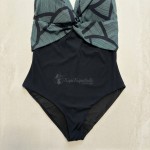 Купить Слитный купальник Plus Size с абстрактным зелёно-чёрным принтом 702-04 — реальное фото