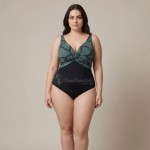 Купить Слитный купальник Plus Size с абстрактным зелёно-чёрным принтом 702-04 — реальное фото